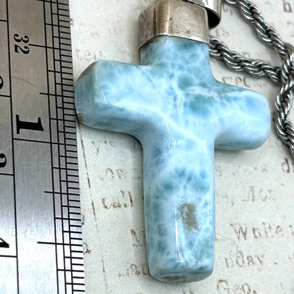 Large Larimar Sky Blue Carved Stone Cross Pendant Necklace Rope Chain Silver - Picture 8 of 9